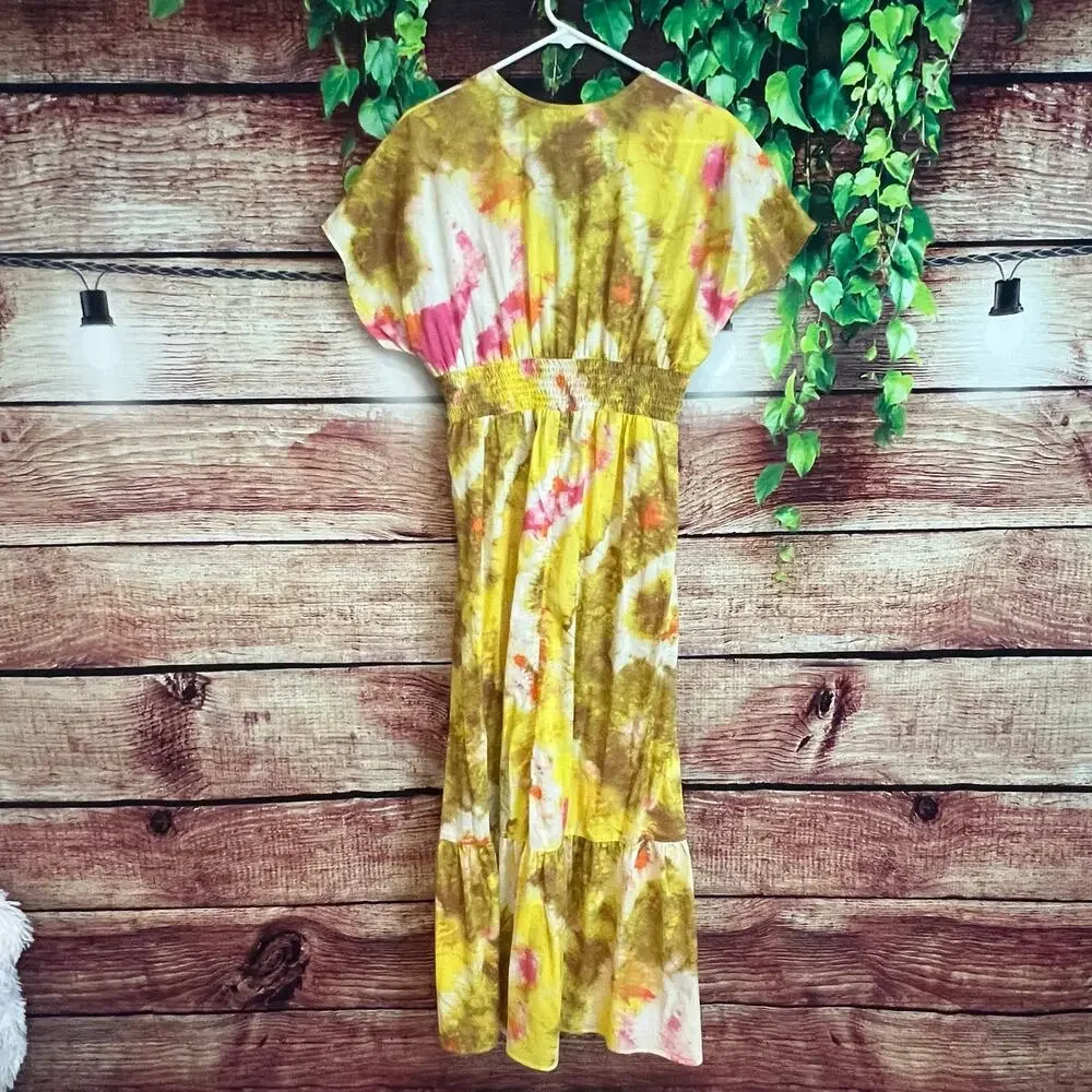Tie Dye Tiered Maxi Dress 100% Crafted Indian Cotton Short Sleeve Boho Sundress